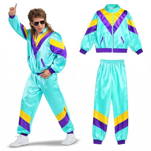 80er 90er Jahre Outfit Retro Bad Taste - Trainingsanzug Overall - Herren & Damen - Fasching & Karneval - Jogginganzug (Blau, L/XL)