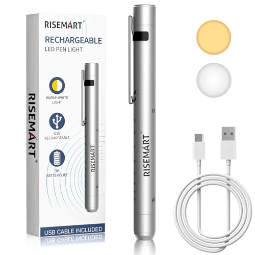 RISEMART Pupillenleuchte Diagnostikleuchte mit Pupillenmessgerät und Lineal,Warmes/Kühles Weiß, Aufladbar USB LED Stiftlampe für Krankenschwester Studentische Ärzte(Silber)