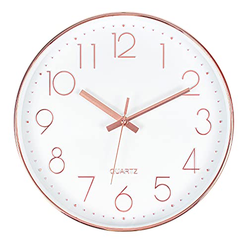 Tebery 12 Zoll Rund Wanduhr - Groß Ohne Tickgeräusche, Modern Quartz Lautlos für Wohnzimmer, Büro und Cafeteria (30cm, Rosegold)