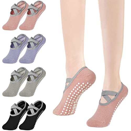 flintronic Yoga Socken, 4 Paare Antirutsch Socken, Rutschfeste Socken Sport für Yoga, Barre, Pilates, Tanz, Barfuß, Trampolin, Zuhause, Krankenhaus für Damen und Herren