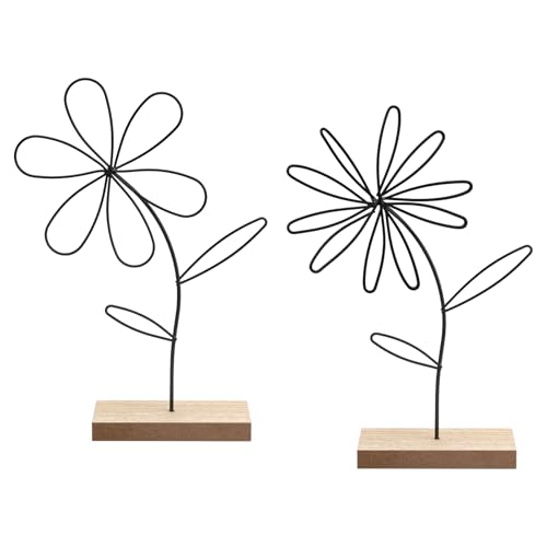 ZMDMAH Aufsteller Blume 2er Set Premium Metall-Blume auf Holz-Sockel,Deko-Blume aus Metall Frühlingsdeko Innen Holzdeko Hinstellendeko Fensterbank Osterdeko Wohnzimmer Deko