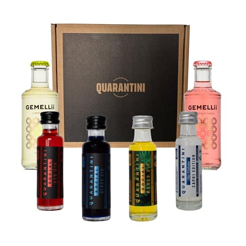Quarantini Gin Tasting Set 4 x Mini Quarantinis & 2 x Gemellii Tonic Mischgetränke | Premium Gin 42% Vol. mit hochwertigen, fruchtigen Botanicals | Probierset inkl. Grapefruit & Limonata Tonic