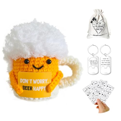 Handgestricktes Bierglas-Kuscheltier im Baumwollbeutel – Mit Glücksöffner & 24 Mutmachkarten • Büro-Buddy • Kinder-Schutzengel • Party-Seelentröster; Geschenk für Männer/Frauen/Prüfung (Glücks-Bier)