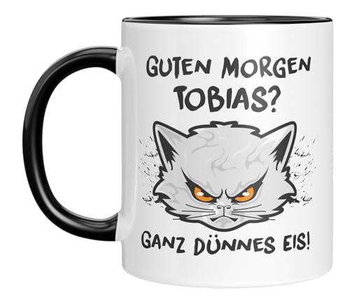 TassenTicker - Guten Morgen - personalisierte Tasse mit Namen - Kaffeebecher mit Spruch - Ganz dünnes Eis - Geschenkidee - Morgenmuffel - Geburtstagsgeschenk -Schwarz