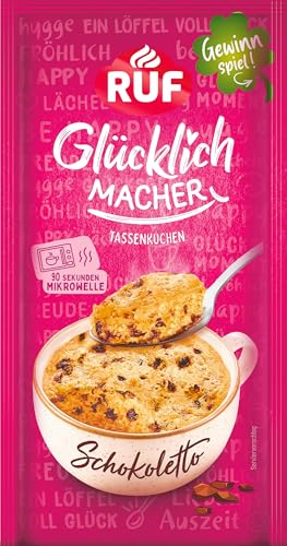 RUF Glücklichmacher Tassenkuchen Schokoletto, saftiger Tassenkuchen mit Schokoladenstückchen, in 90 Sekunden fertig, einfacher Mikrowellenkuchen für spontanen Kuchengenuss, 1 Portion