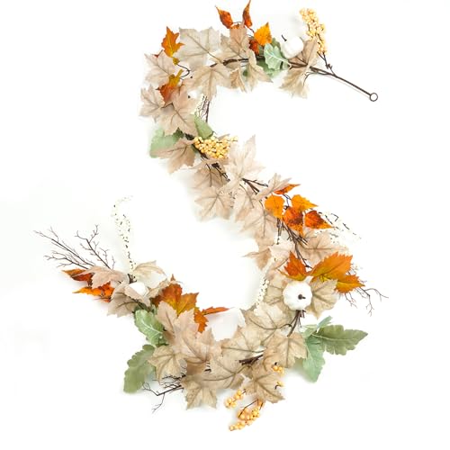 Miaikoe 6FT Herbst Girlande Ahornblatt, hängende Beere Rebe Kürbisse Künstliche Herbst Blatt Girlande für Herbst Thanksgiving Halloween Saison Kamin Dekorationen (weiß&braun)