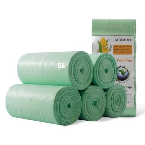 AURMOO Reißfest Müllbeutel 5L, Abbaubar Biomüllbeutel, Tropfsichere Mülltüten für Hausmüll, Reißfeste Müllsäcke für Mülleimer, 200 Stück, B32XH35cm, Grün