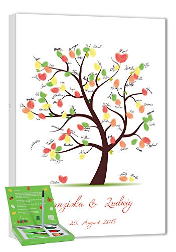 Hochzeitsbaum Fingerabdruck 60x40 mit NAMEN & DATUM - INKL Zubehör-Set (Stempelkissen+Stift+Anleitung+Hochzeitsbuch+...) - Hochzeitsbaum Fingerabdruck Gäste