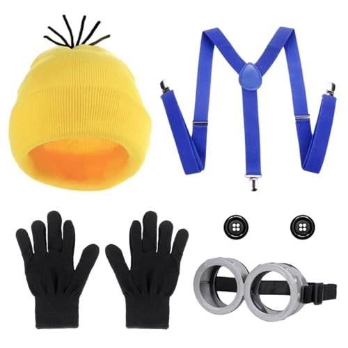 AIWXEEU Gelbe Kostüm Set Set 5-teilig, Gelbe Mütze, Brille, Handschuhe, Blaue Hosenträger & Knöpfe, Erwachsene Kostüm Zubehör für Halloween Karneval Cosplay Party Faschingskostüme