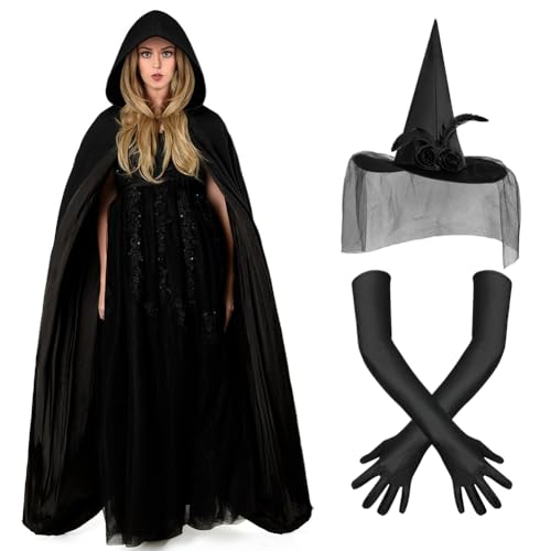 AUYAO Hexenkostüm Damen, Hexen Kostüm Komplettset mit Kapuzenumhang/Rosen Hexenhut/Handschuhe, Hexen Umhang Halloween Kostüm Erwachsene Unisex für Halloween Karneval Maskerade Hexe Cosplay Party 150