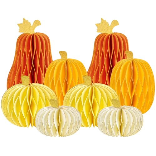 SUNBEAUTY 8 Stück Papier Honeycomb Kürbisse Orange Papier Wabenbälle Kürbis Cremefarbene Gelb Papier Laternen für Thanksgiving Halloween Party Dekoration Herbstdeko Herbstdekorationen