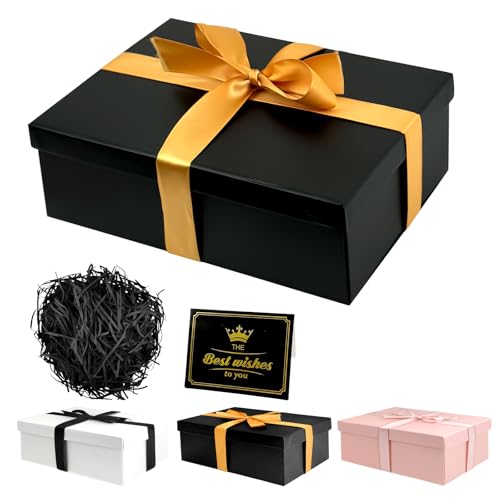 Geschenkbox mit Deckel 25 x 18 x 8,5 cm, Schwarze Geschenkbox mit Schleifen, Geschenkbox Set,Grußkarten,Raffia Hamper Shreds für Hochzeit Muttertag Geburtstag Weihnachten Valentinstag (Schwarz)