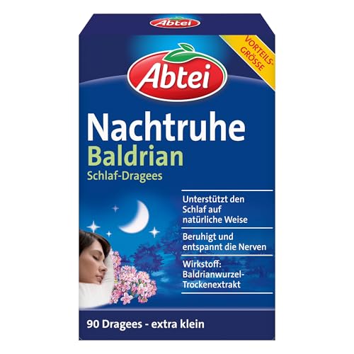 Abtei Nachtruhe Baldrian Schlaf-Dragees N - pflanzliches Arzneimittel für erholsamen und gesunden Schlaf sowie bei nervlicher Belastung - ohne Gewöhnungseffekt - 1 x 90 Dragees