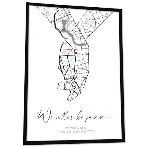 JUHMI Wo alles begann Bild mit Koordinaten Hand in Hand | Personalisierte Geschenke - Hochzeitsgeschenk für Paare, Jahrestag Geschenk für Ihn & Sie | Partner Geschenke Freundin & Brautpaar