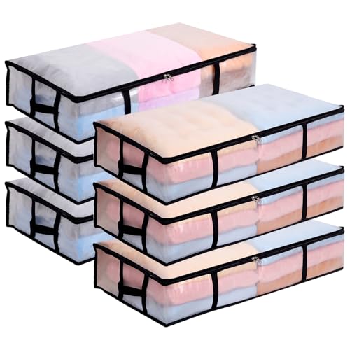 Dntorx 6 Stück 90L Unterbett Aufbewahrungsbox mit Deckel Groß, Transparente Unterbettkommode Faltbare Aufbewahrungstasche mit Griff, Unterbett Aufbewahrung für Bettdecken Kissen Kleidung Aufbewahrung