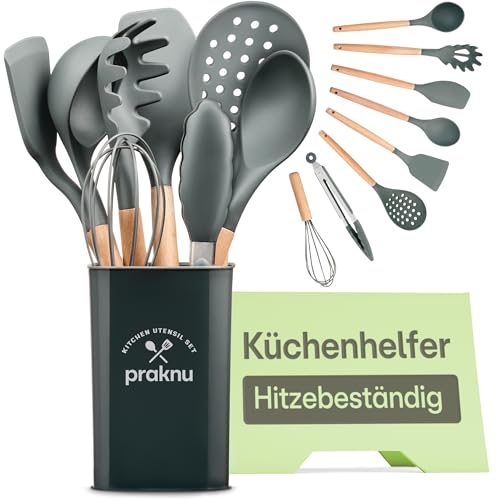Praknu Silikon Küchenutensilien Set Grau - 8-teiliges Küchenhelfer Set - Hitzebeständiges Kochbesteck - Robuster Holzgriff, Praktische Öse - Lebensmittelecht - Schonend zu Pfannen & Töpfen