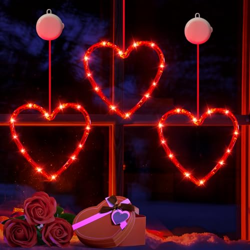 LYUBASA 3 Stück Valentinstag-Fensterlichter mit Timer, batteriebetrieben, hängend, rot beleuchtet, herzförmig, Silhouetten-Saugnapf, LED-Lampe für Kamin, Innenbereich, Heimdekoration