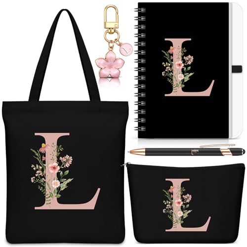 Hestya 5 Pcs Buchstabe Geschenk Kosmetiktasche Tragetasche Schlüsselanhänger Notizbuch Kugelschreiber Alphabet Motiv Geschenk für Schule, Geburtstag, Weihnachten(Buchstabe L)