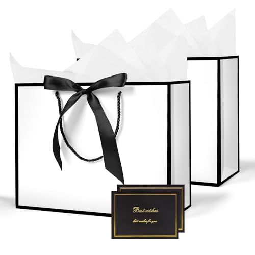 AMFUN Geschenktüten, 2 Stück Papiertüten mit Schleifenbändern + 2 Grußkarten + 4 Seidenpapier, Kreuzbodenbeutel, Geschenktaschen Groß mit Henkel für Geburtstag Hochzeit Feier Party