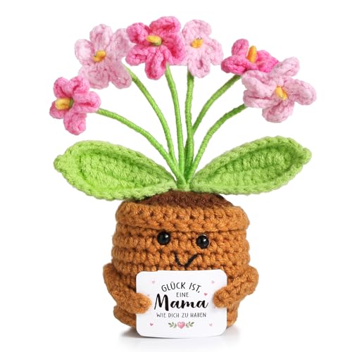 BOFUNX Mutter Geschenk, Gestrickte Blumen + Karte + Organzasäckchen, Mama Geschenk für Geburtstag Muttertag Weihnachten Neujahr