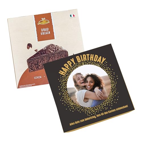 Herz & Heim® Geburtstagskuchen mit eigenem Foto – Rührkuchen mit personalisierter Verpackung in Zitrone, Vanille oder Schokolade – Geburtstagsgeschenk mit Foto & Wunschtext (400 g, Schokolade)
