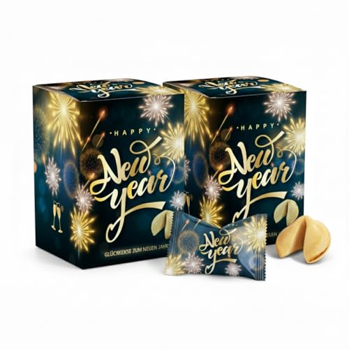 FOOD crew 24x Glückskekse Happy New Year - Neujahr Glückskeks mit Sprüchen Deutsch - Silvester Glückskekse einzeln Verpackt - Vegane Süßigkeiten