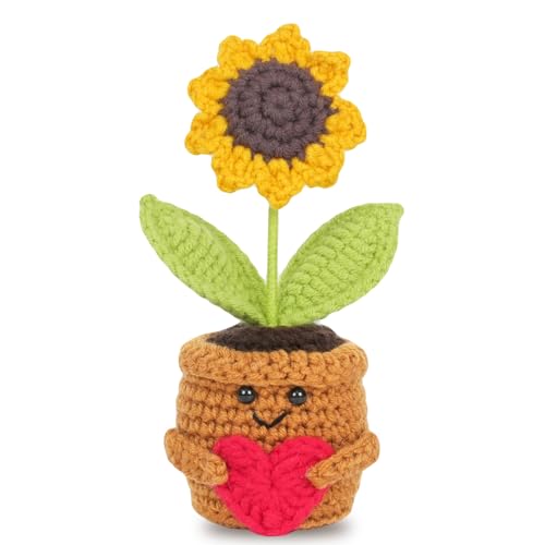 Aruigu Pocket Hug Positive Sonnenblume, Kreative Strickwolle Sonnenblume Puppe, Muttertag Geburtstag für Familien, Freunden, Mutmacher Geschenk, Gute Besserung Geschenk, Einschulung Geschenk