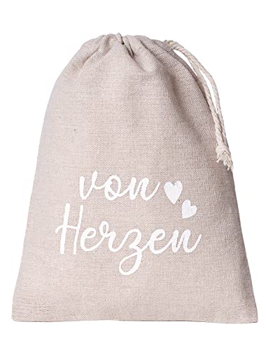 | 3 Geschenkbeutel mit Gruß, Leinensäckchen, Stoffbeutel mit Kordel,Geschenkverpackung aus Leinen-Baumwollstoff - 21x17 cm - (von Herzen)