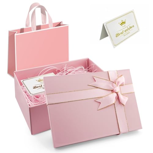 Rosa Geschenkbox mit Deckel 21.5x16x8cm,Geschenk Verpackung Box Aus Karton,mit Tragetaschen,Schleife,Schöne Grußkarte und Bast,Rosa Geschenkschachtel für Hochzeiten,Weihnachten,Geburtstage