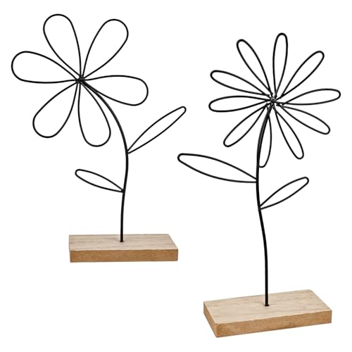 Aufsteller Blume Frühling Sommer Deko - 2er Deko-Baum Aufsteller Metall Holz Schwarz Deko Wohnzimmer Modern mit Bambus-Sockel für Frühlingsdekoration Innen Esstisch Tischdeko Hinstellendeko Fensterban