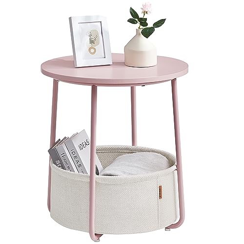 VASAGLE Beistelltisch rund, Kleiner Tisch, Couchtisch klein, Wohnzimmertisch, Korb aus Stoff, Stauraum für Wohnzimmer Schlafzimmer, Nachttisch modern, pastellrosa-cremeweiß LET223R61