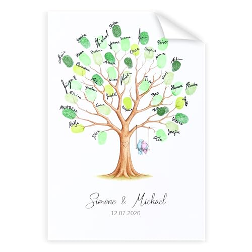 KATINGA Poster zur Hochzeit – Bild für Fingerabdrücke mit Baum - Personalisiert – Hochzeitsbaum – Gästebuch als Geschenkidee (A4 personalisiert)