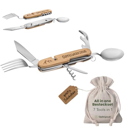 Gipfelgaudi All-in-One Camping Besteck: ideal zum Wandern, Picknick & mehr I Plastikfreies Besteck To Go aus rostfreiem Edelstahl & Holz