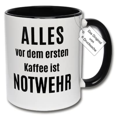 Lustige Tasse, Kaffeetasse mit Spruch Alles vor dem ersten Kaffee ist Notwehr Geschenkidee für Morgenmuffel (A: Schwarz-Weiße Tasse)