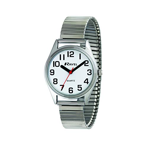Ravel - Damen-Uhr mit superflachem Sichthilfe-Edelstahl-Expanderarmband mit großen Zahlen und Zeigern - silbernes Ton/weißes Zifferblatt