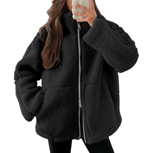 Teddyjacke Damen Fleecejacke Warme Dicke Freizeit Zwei-Wege Reißverschluss Winterjacke Einfarbig Teddyfleece Teddy Jacke mit Taschen und Reißverschluss Wintermantel Herbstjacke Winterjacke Plüschjacke