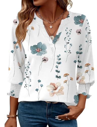 Rapbin Damen Mode Elegant Bluse 3/4 Ärmel langerm Tunika Sommer Top Lässig Locker Oberteil 2025 (L, Weiß Blau Blumen)