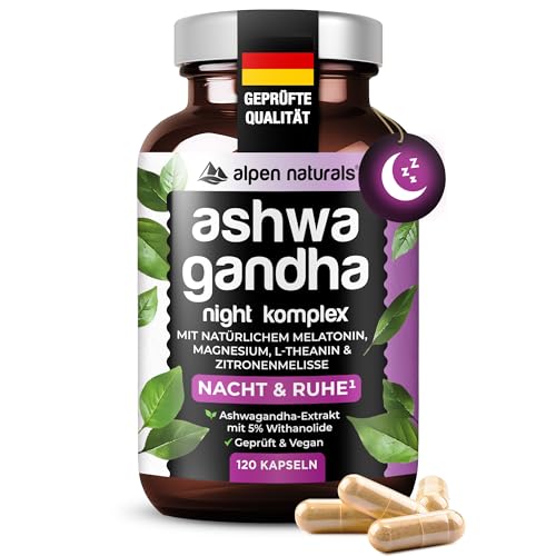 Ashwagandha Night Komplex – 120 Kapseln mit natürlichem Melatonin (Sauerkirsch Extrakt), Magnesium, Zitronenmelisse, Grüntee (L-Theanin) und Vitamite B6/D3/K2 – Vegan & laborgeprüft – Made in Germany