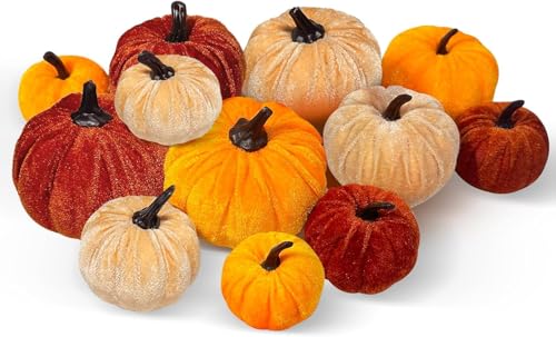 LMSHOWOWO 12PCS Herbst Deko Künstliche Kürbisse, Schaum Simulation Künstlicher Kürbis, Lifelike Samt Kürbisse, für Herbstdeko Herbst Ernte Halloween Thanksgiving Tisch Zuhause Party Dekoration