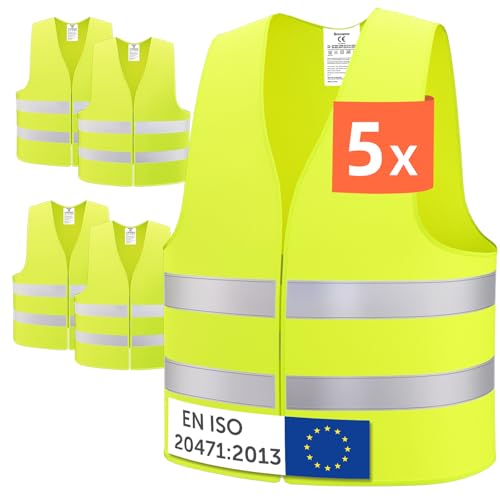Brovamo Warnwesten Auto 5er-Europaweit gültig nach EN ISO 20471-Warnweste Auto-Warnweste alle Größen-Warnweste Kinder-Warnweste Auto-Sicherheitsweste