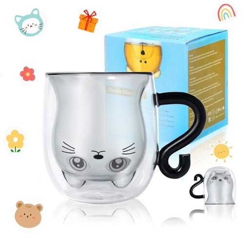 Glas Tasse mit Schwarzer Katze Süße mit Henkel Doppelwandige Kaffeetasse Kawaii Geschenke für Frauen Teetasse Geburtstagsgeschenke für Katzenliebhaber Ideen Halloween Weihnachten