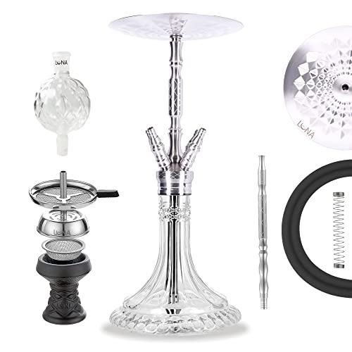 Premium Shisha aus Edelstahl von LUNA HOOKAH | Wasserpfeife Komplettset 4 Schlauch Anschluss edles Design Inkl. Schlauch - Mundstück - Zange - Steinkopf - Diffusor - Kaminaufsatz - Molassefänger