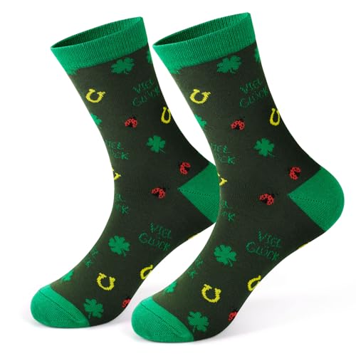 MEJOSER Glücksbringer Prüfung Geschenke, Glückssocken, Lustige Socken Herren Damen 39-45, Abschluss Abi Abitur Bachelor Silvester Socken, Geschenke für Männer Papa Freund Kleeblatt Huseisen