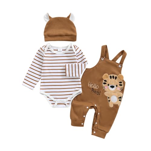 Himllauen Baby Jungen Kleidung Strampler Latzhose und Hut Set 3-teilige Bekleidungssets für Jungen Baby Set Neugeborene Geschenk Baby Klamotten Junge (Braun Tiger, 0-3 Months)