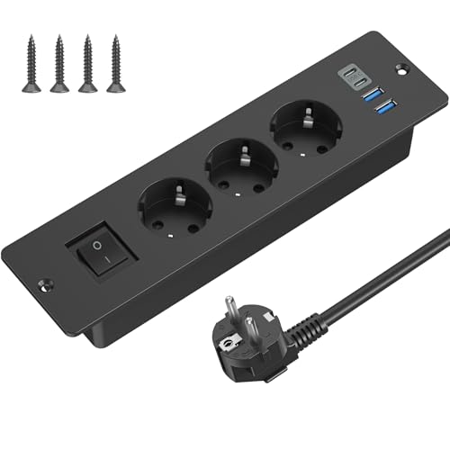 Tischplatte Versenkte Steckdose mit USB C, 3 Fach Einbausteckdose Steckdosenleiste mit Schalter, Tischsteckdose Mehrfachsteckdose mit 2m Kabel für Konferenztisch, Arbeitsplatte, Sofatisch (Schwarz)