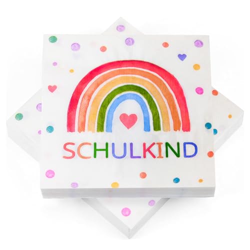 40 Stück Servietten Einschulung Regenbogen, Einschulung Servietten Deko Schulkind 2025 Mädchen Junge, Schulanfang Deko, Regenbogen Party, Tischdeko, 33 x 33 cm