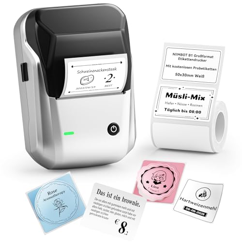 NIIMBOT B1 Etikettendrucker mit Wasserfeste Etiketten Selbstklebend, Tragbarer Beschriftungsgerät Bluetooth Label Printer Aufkleber Drucker für Barcode, Schulbedarf, Logo, Adresse, Silber