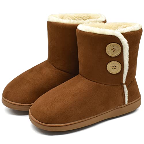 KuaiLu Hohe Hausschuhe Boots Damen Winter Fell Gefütterte Hausstiefel Frauen Warme Flauschige Plüsch Hüttenschuhe Kuschel Geschlossen Hausschuhe Stiefel Winterhausschuhe Kuschelschuhe Braun 38-39 EU