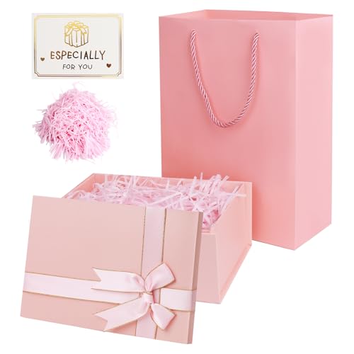 Geschenkbox mit Deckel, Geschenkbox Geburtstag, Rechteckige Geschenkverpackung Geburtstag mit Schleife, Geschenkkarton mit Deckel Raffia und Grußkarten, für Hochzeiten Jahrestage (Rosa)