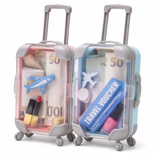 KIJUK Mini Koffer Geschenkbox, 2 Stücke Wiederverwendbare Reisegutschein Verpackung mit Rollen & Griff - Für Geldgeschenke, Urlaubsüberraschung zu Geburtstag, Hochzeit (Pink and Blue)